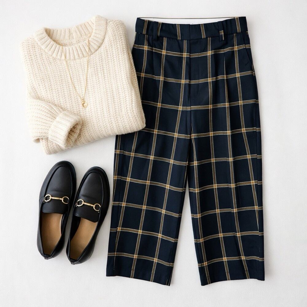 Just Female Plaid Trousers Women S‎ Navy Windowpane Tailored Scandi Wide Leg